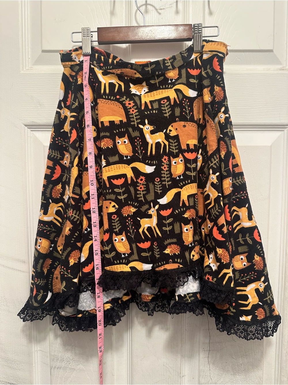 Black Fox & Owl Print Skirt - Cute Autumn Pattern Lace Trim Cottage Whimsy